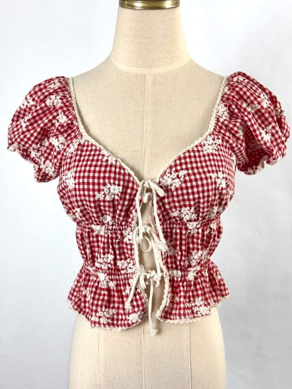 Red Gingham Milkmaid Floral Embroidered Crop Top Smocked Puff Sleeve Cottagecore